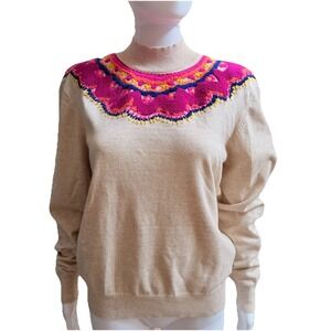 Cabi Winsome Pullover Sweater Womens SZ-M Ivory embroidered yoke Mock Neck-4416